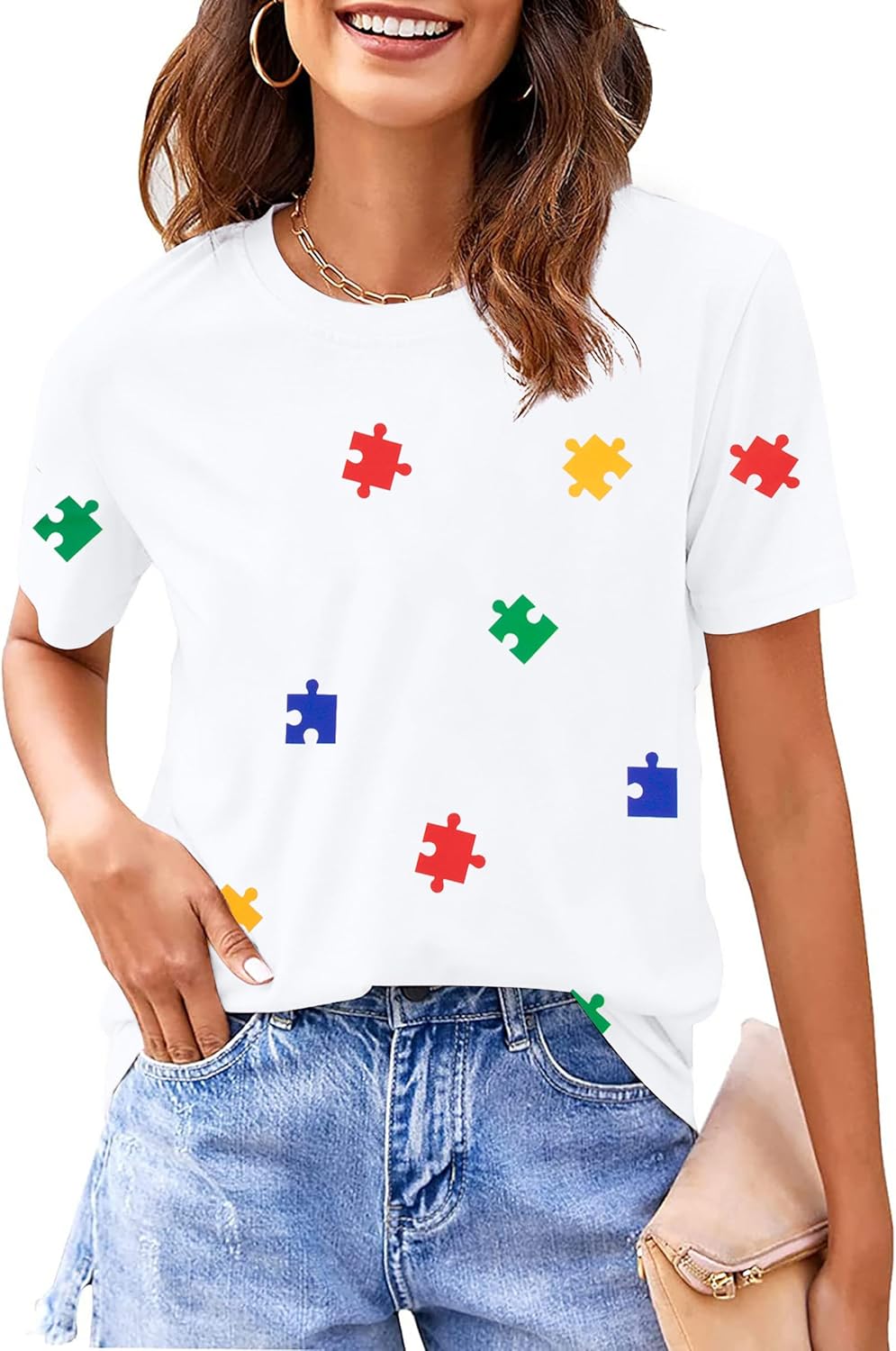 Autism Awareness Shirt for Women: Puzzle Piece Graphic Tee Special Education Tshirt Autism Short Sleeve Tops