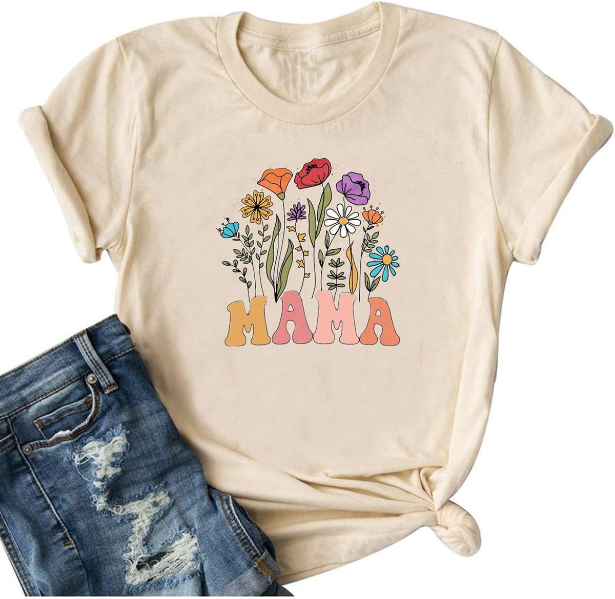 Mama Shirt Letter Printed Mom Life Tshirts Mom Mama Floral Wild Flowers Casual Short Sleeve Mother&#39;s Day Tee Tops