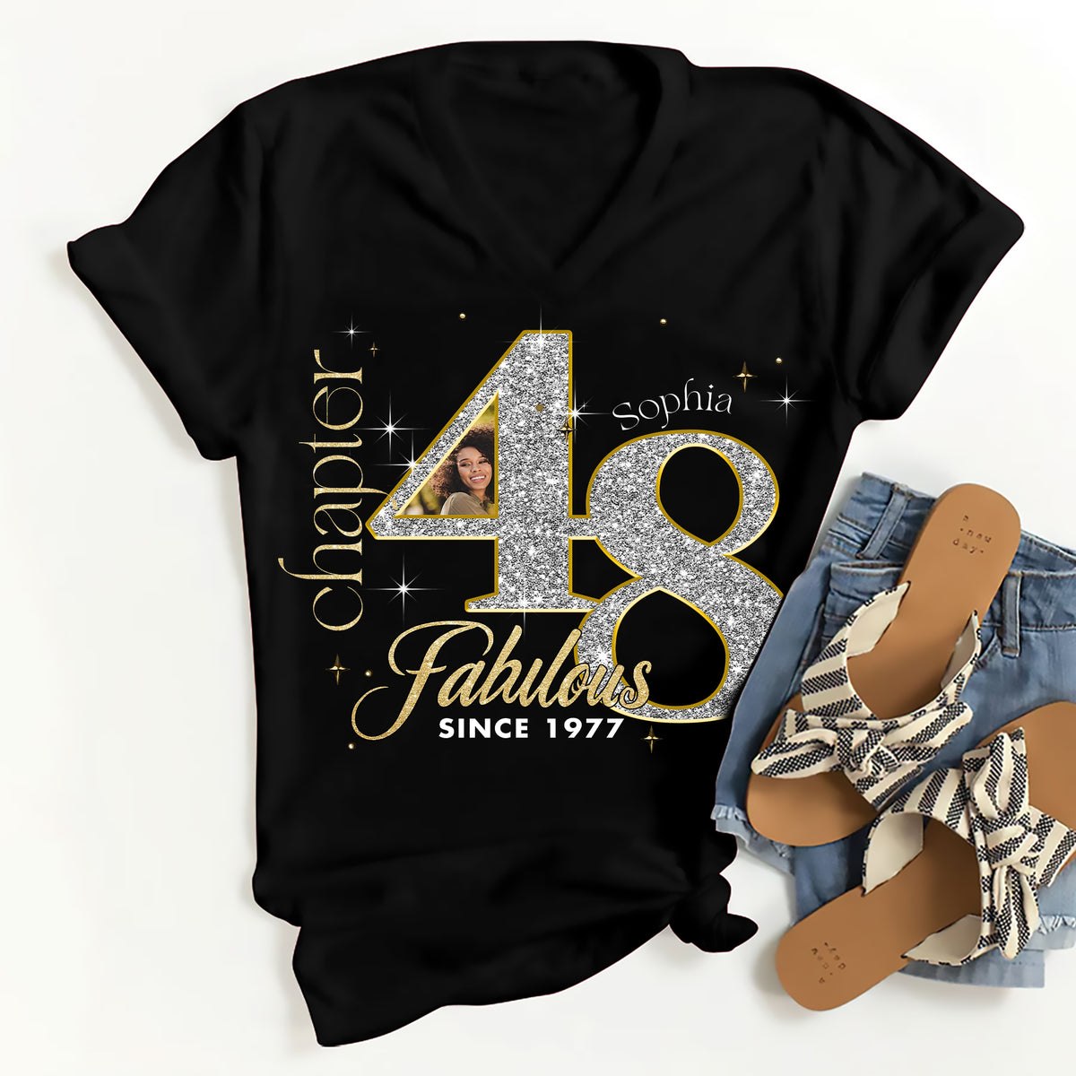 Custom Face Photo 48&#39;s Birthday Shirt, Fabulous Since 1977 48th Birthday Unique T Shirt For Woman, Custom Birthday Shirt, Her Gifts For 48 Years Old , Turning 48 Birthday Cotton Shirt-YPT-ALK