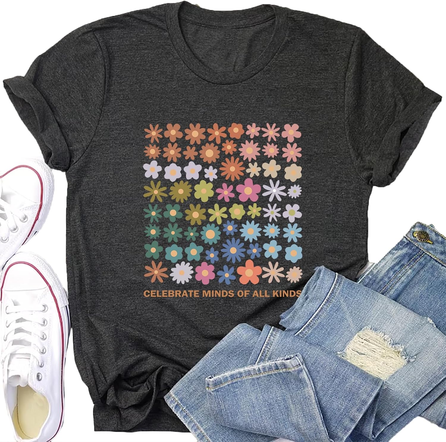 Autism Awareness Shirt Women Celebrate Minds of All Kinds Shirts Flowers T Shirt Inspirational Neurodiversity Tops