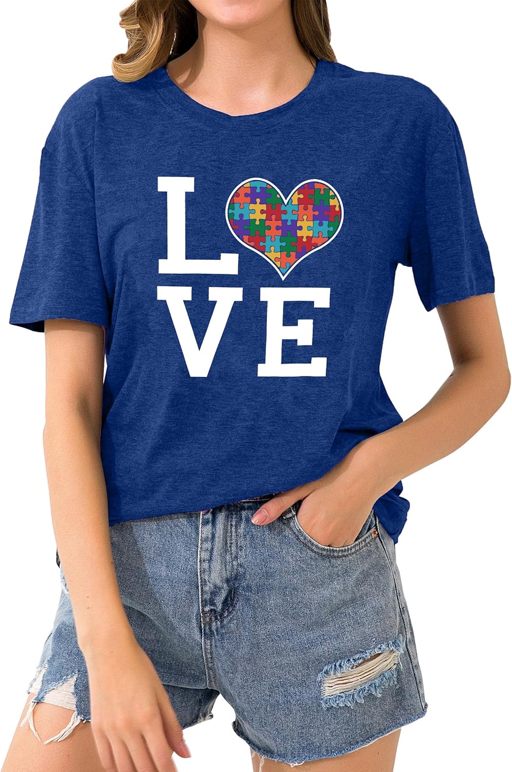 hohololo Autism Awareness Shirt Womens Autism T-Shirt Teacher Puzzle Heart Graphic Tee Autism Acceptance Tops