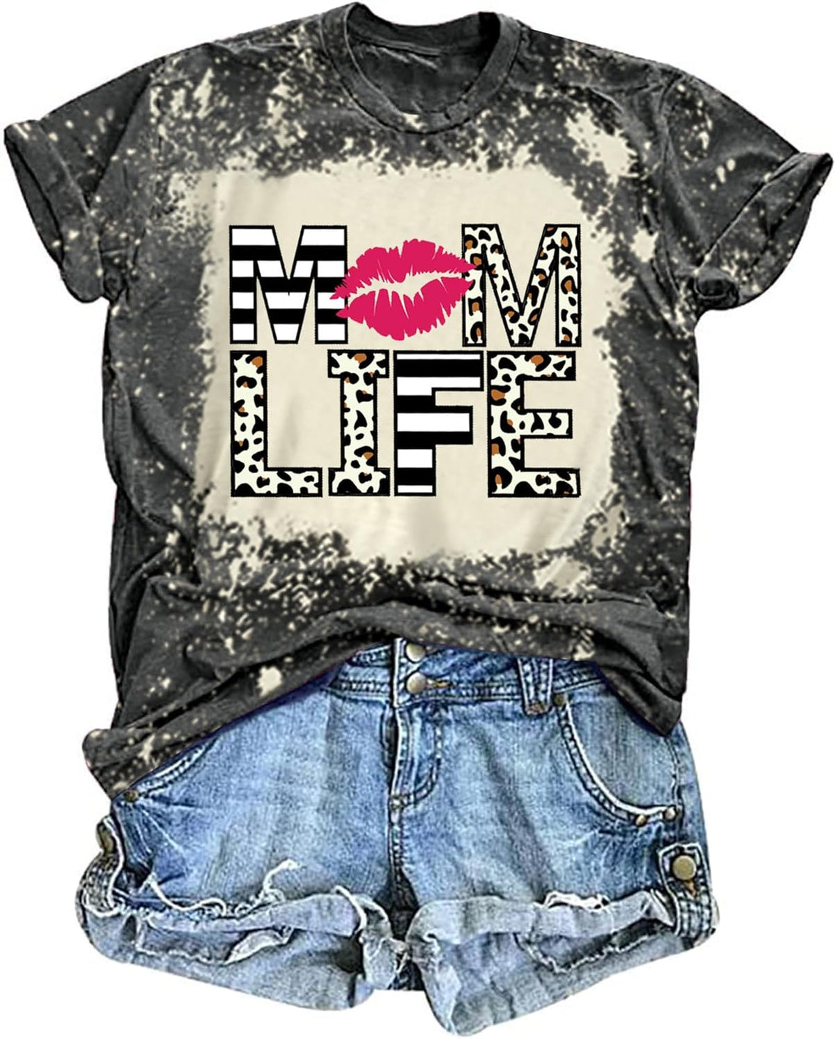 Women Mom Life T-Shirts Leopard Lips Stripe Graphic Shirts Funny Letter Printed Tee Mother&#39;s Day Casual Blouse Mother Shirt