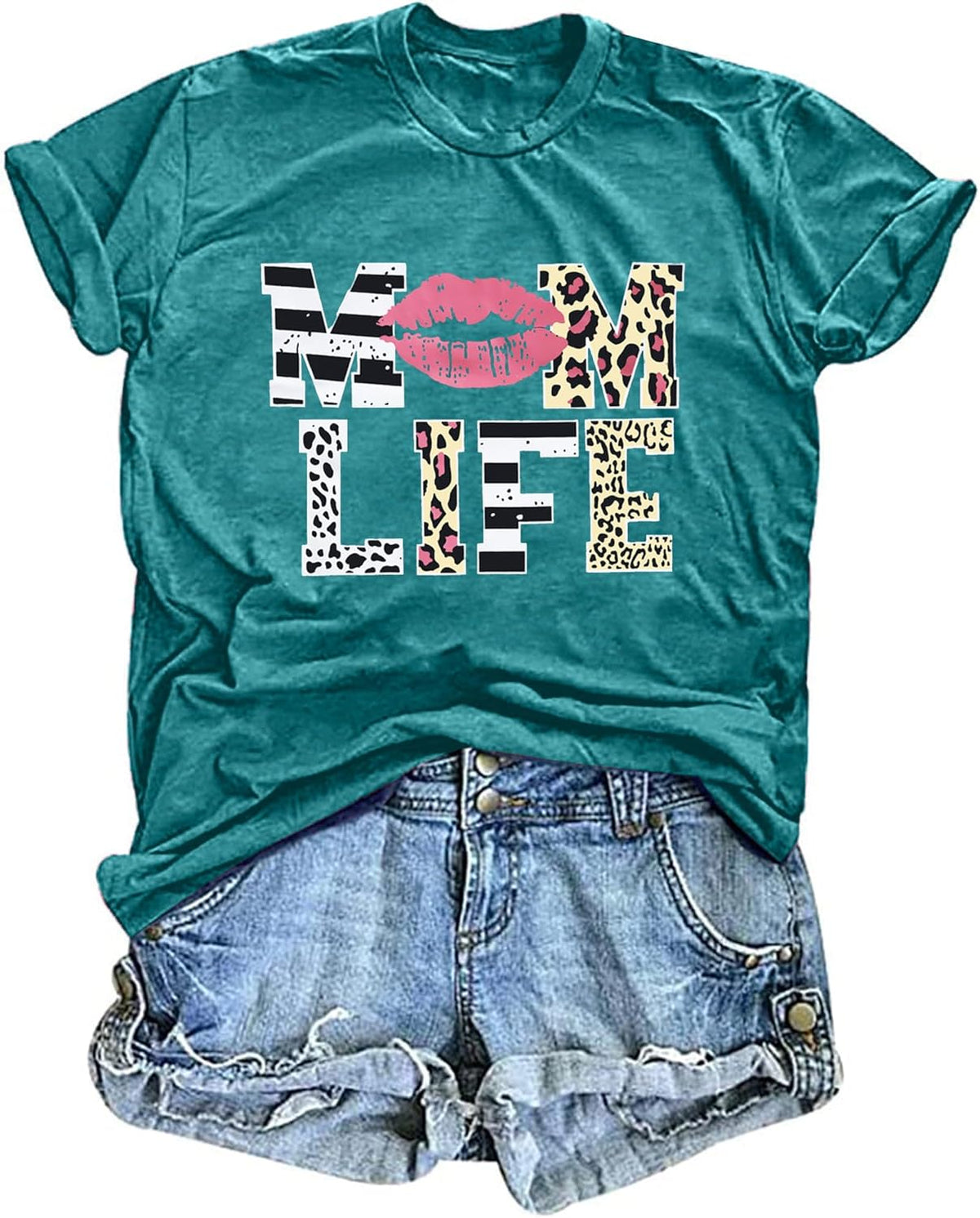 Women Mom Life T-Shirts Leopard Lips Stripe Graphic Shirts Funny Letter Printed Tee Mother&#39;s Day Casual Blouse Mother Shirt