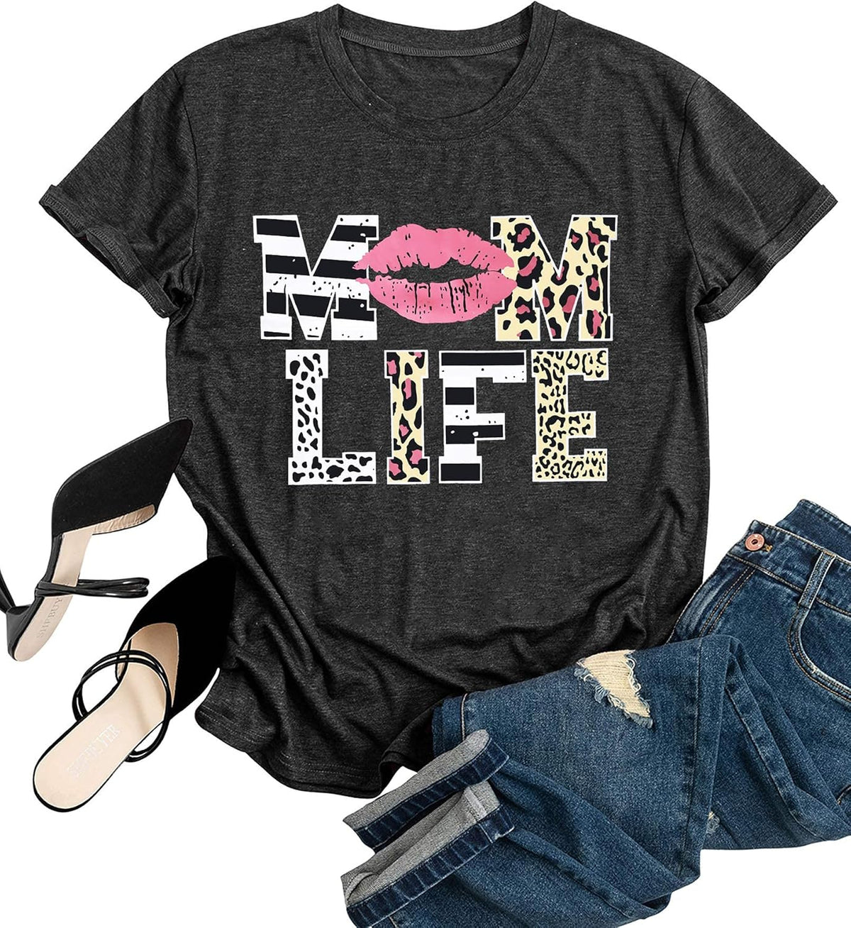 Women Mom Life T-Shirts Leopard Lips Stripe Graphic Shirts Funny Letter Printed Tee Mother&#39;s Day Casual Blouse Mother Shirt
