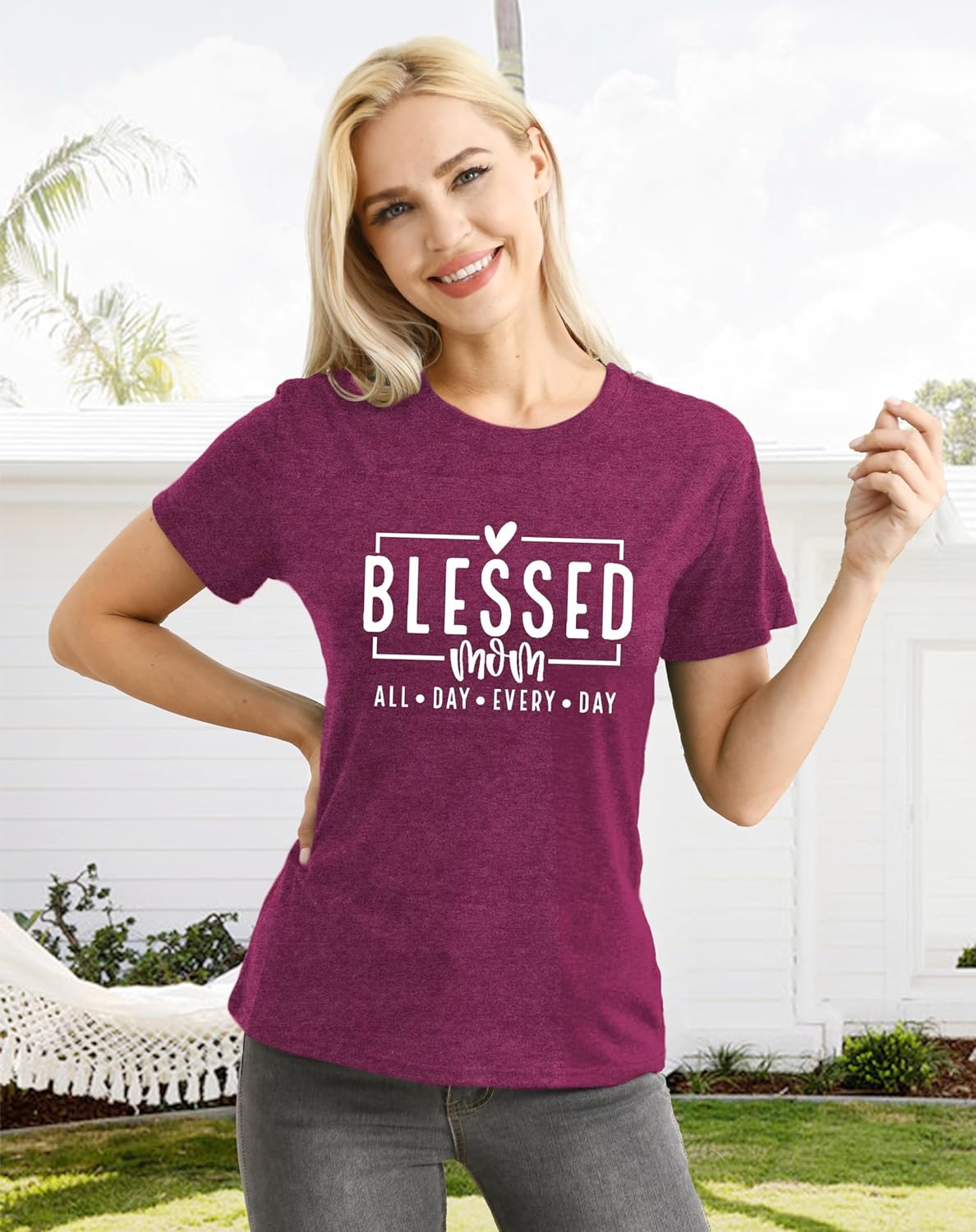 CQF Women Mom Shirt Blessed Mom All Day Every Day Letter Print T-Shirt Best Mama Tee Tops