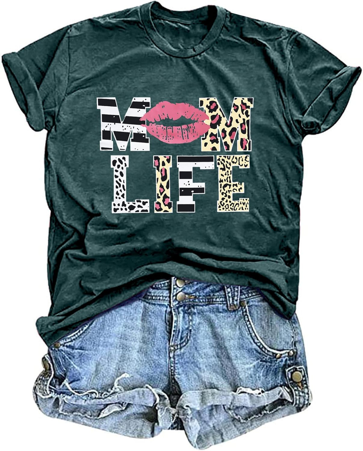 Women Mom Life T-Shirts Leopard Lips Stripe Graphic Shirts Funny Letter Printed Tee Mother&#39;s Day Casual Blouse Mother Shirt