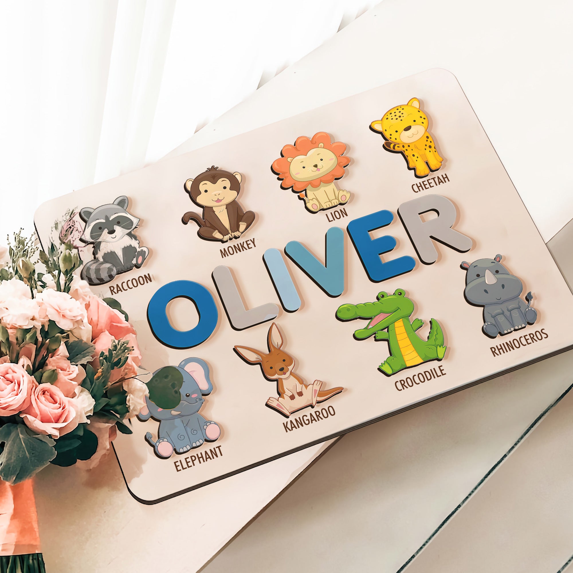 Personalized BusyBoard with Jungle Animals, Custom Sensory Board for kids, Safari Nursery toys for kids, Montessori Board, Wooden Puzzle Board