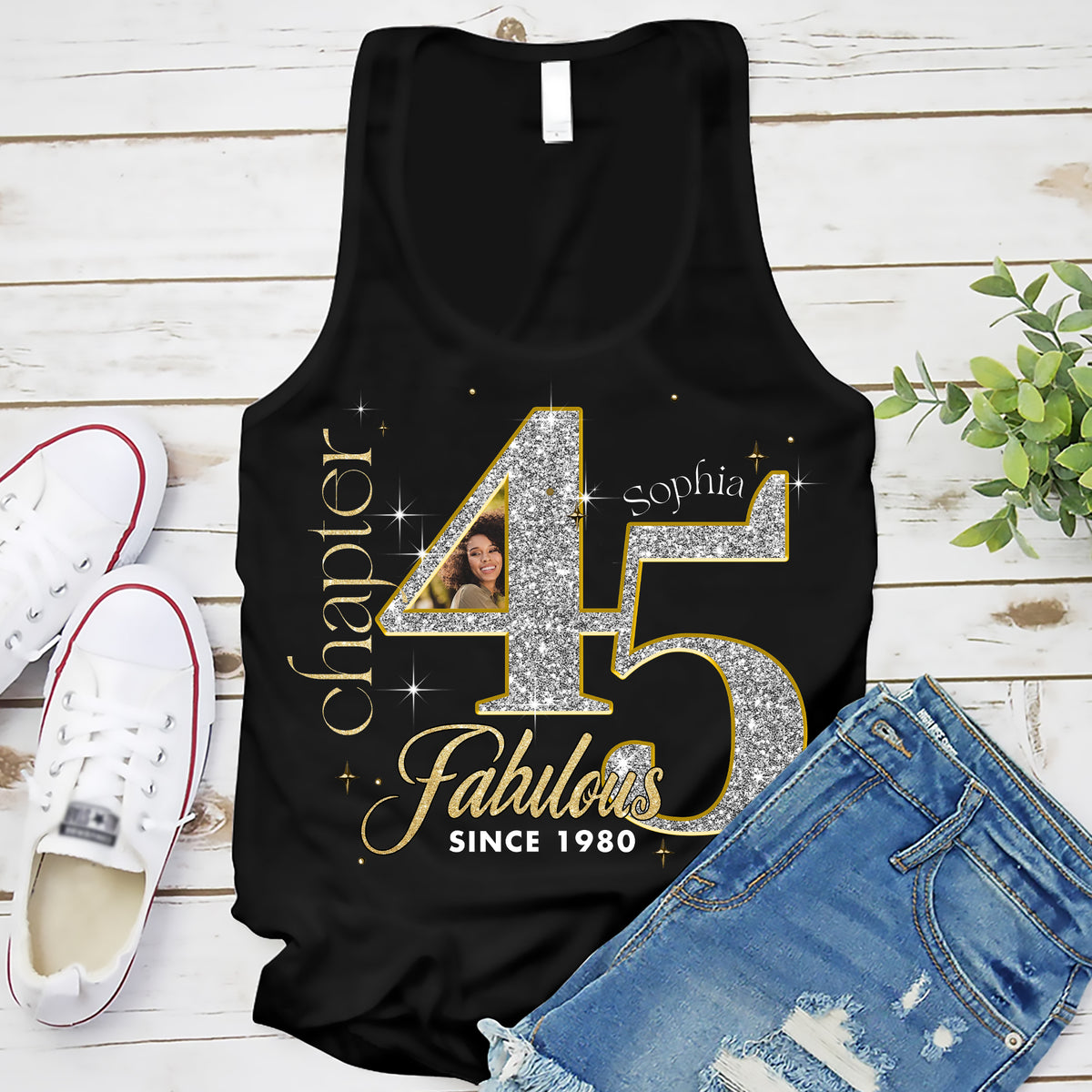 Custom Face Photo 45&#39;s Birthday Shirt, 45th Birthday Unique T Shirt For Woman, Custom Birthday Shirt, Her Gifts For 45 Years Old , Turning 45 Birthday Cotton Shirt-YPT-ALK