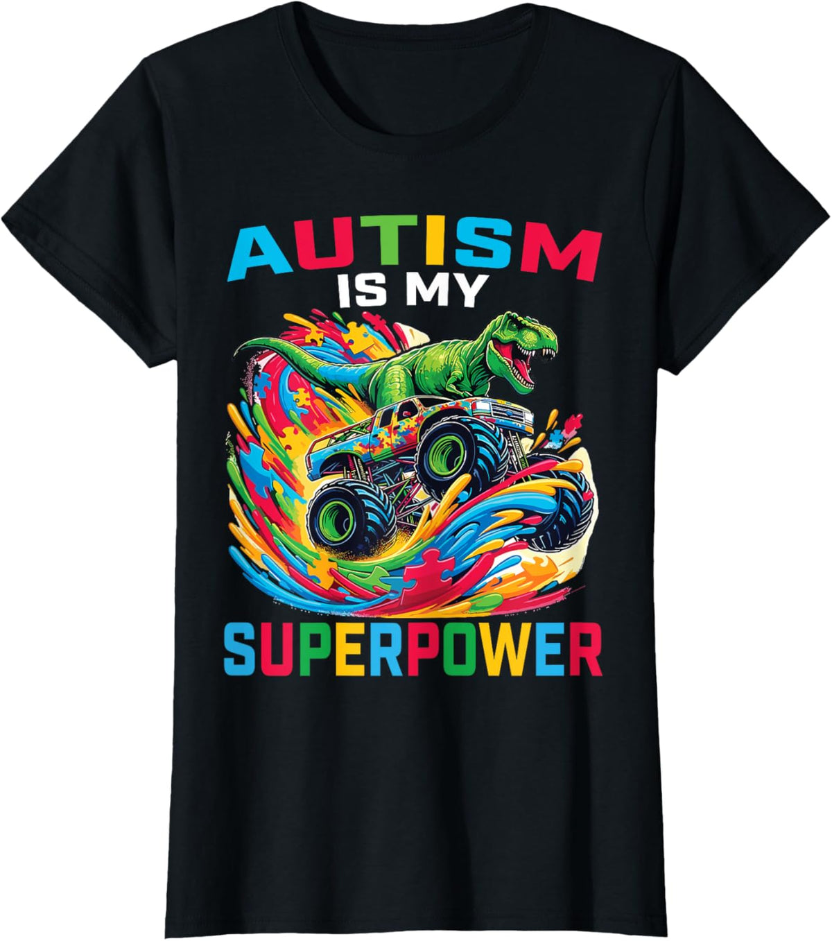 Autism Is My Superpower Dino T Rex Monster Truck Kids Boys