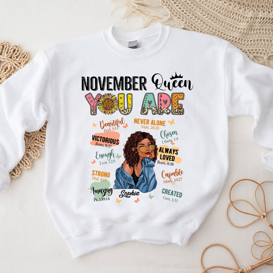 Personalized November T Shirt, Custom November Birthday Shirt For Woman, Queens Are Born In November Gifts, Melanin Afro Woman Shirt, Black Girl Tee, Afro Queen Gift-YPT-TLQ