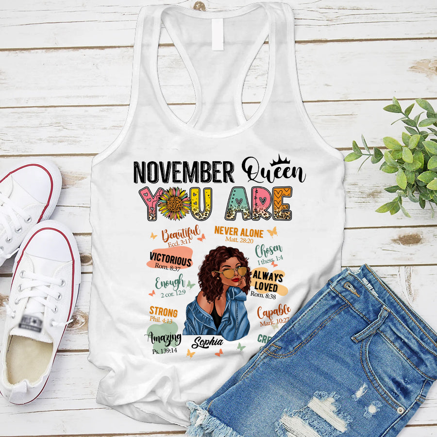 Personalized November T Shirt, Custom November Birthday Shirt For Woman, Queens Are Born In November Gifts, Melanin Afro Woman Shirt, Black Girl Tee, Afro Queen Gift-YPT-TLQ