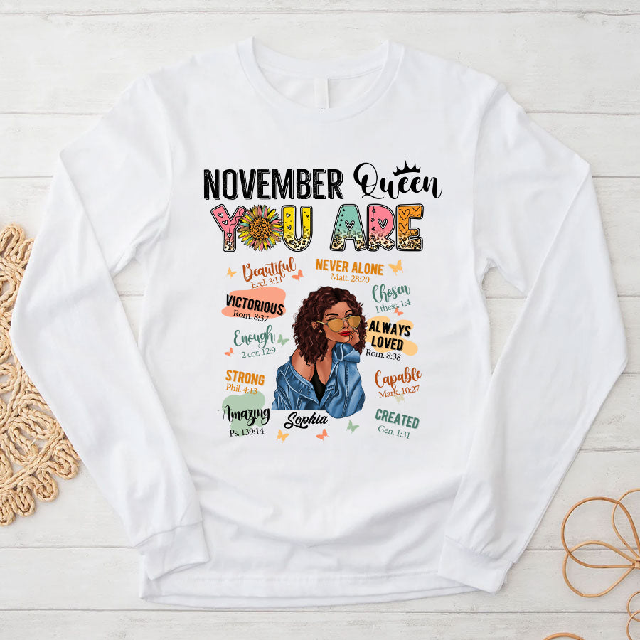 Personalized November T Shirt, Custom November Birthday Shirt For Woman, Queens Are Born In November Gifts, Melanin Afro Woman Shirt, Black Girl Tee, Afro Queen Gift-YPT-TLQ