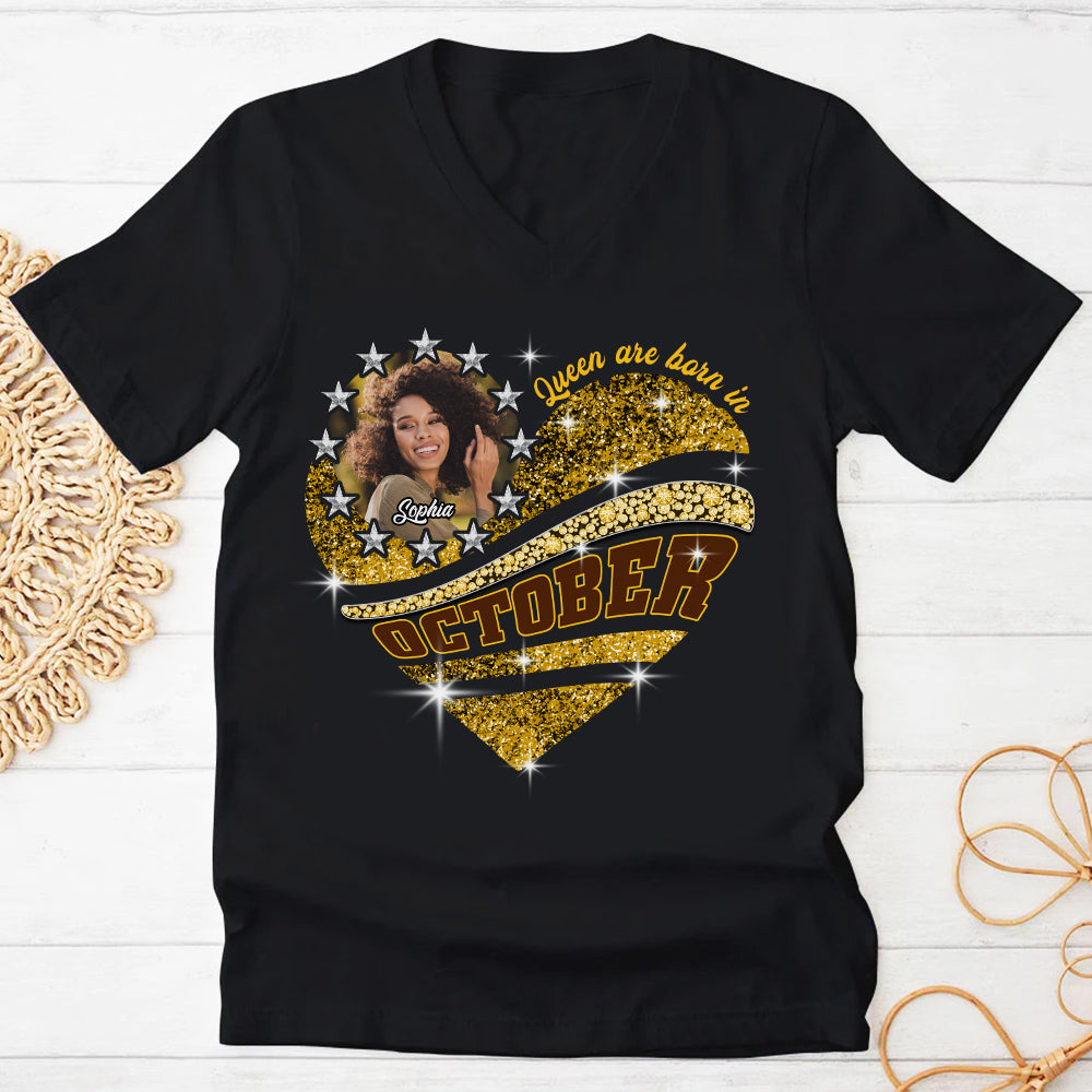 Custom Face Photo Custom October Birthday Shirt For Woman, Queens are Born In October Gifts, Melanin Afro Woman Shirt, Black Girl Tee, Afro Queen Gift-YPT-HCT