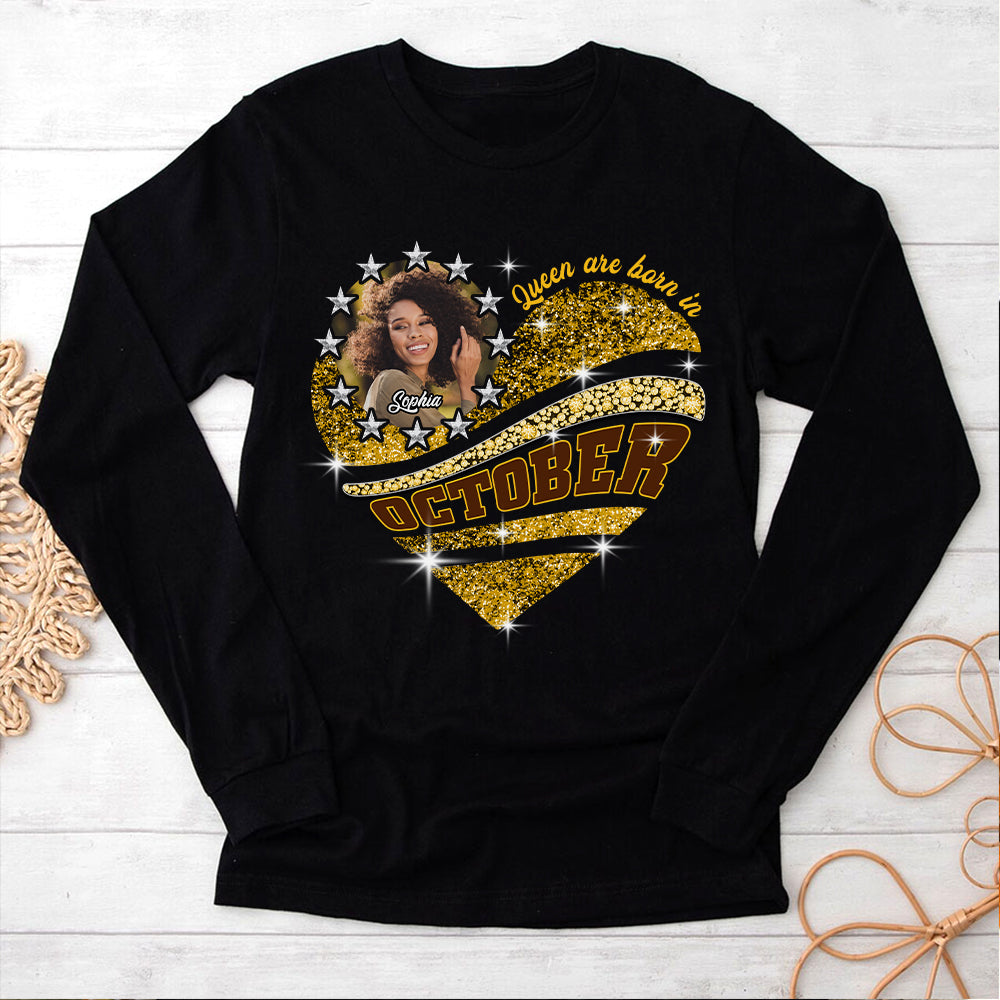 Custom Face Photo Custom October Birthday Shirt For Woman, Queens are Born In October Gifts, Melanin Afro Woman Shirt, Black Girl Tee, Afro Queen Gift-YPT-HCT