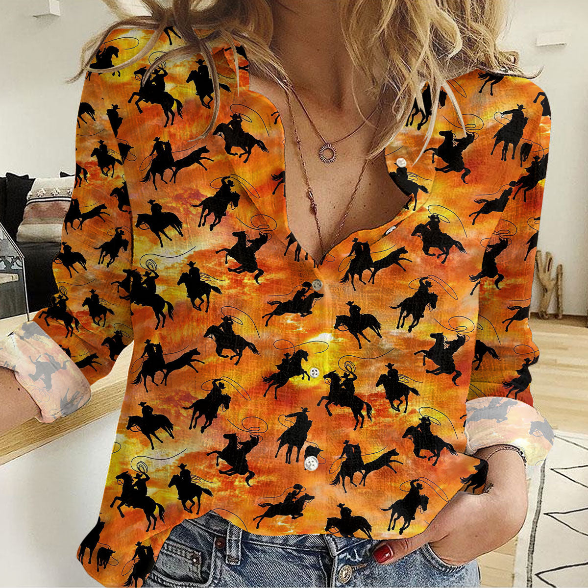 Horse Cowboy Pattern Casual Shirt For Woman