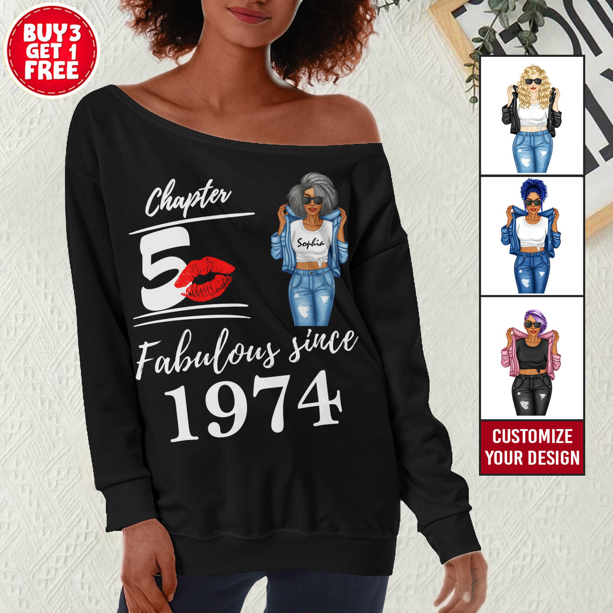 Women's Off-Shoulder Sweatshirt, Chapter 50, Fabulous Since 1974 50th Birthday Unique T Shirt For Woman - TLQ