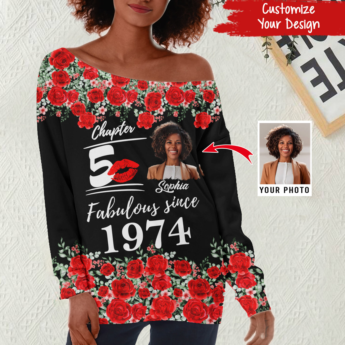 Women's Off-Shoulder Sweatshirt, Chapter 50, Fabulous Since 1974 50th Birthday Unique T Shirt For Woman