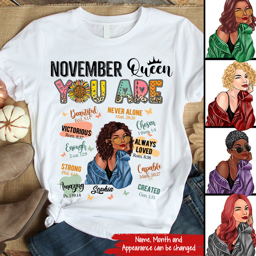 Personalized November T Shirt, Custom November Birthday Shirt For Woman, Queens Are Born In November Gifts, Melanin Afro Woman Shirt, Black Girl Tee, Afro Queen Gift-YPT-TLQ