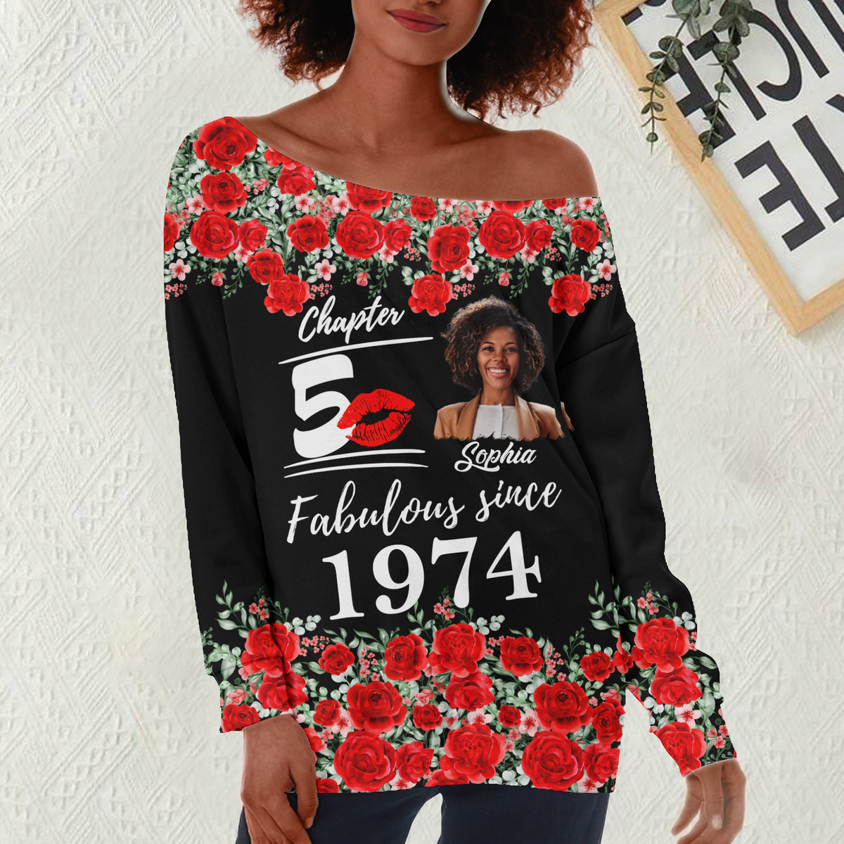Women's Off-Shoulder Sweatshirt, Chapter 50, Fabulous Since 1974 50th Birthday Unique T Shirt For Woman