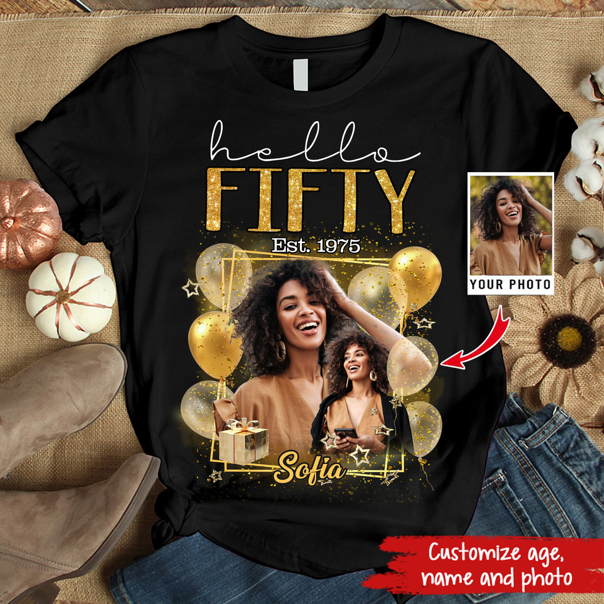 Custom Face Photo 50&#39;s Birthday Shirt, 50th Birthday Unique T Shirt For Woman, Custom Birthday Shirt, Her Gifts For 50 Years Old, Custom Picture Tee, Personalized Birthday Shirt-YPT-HMT