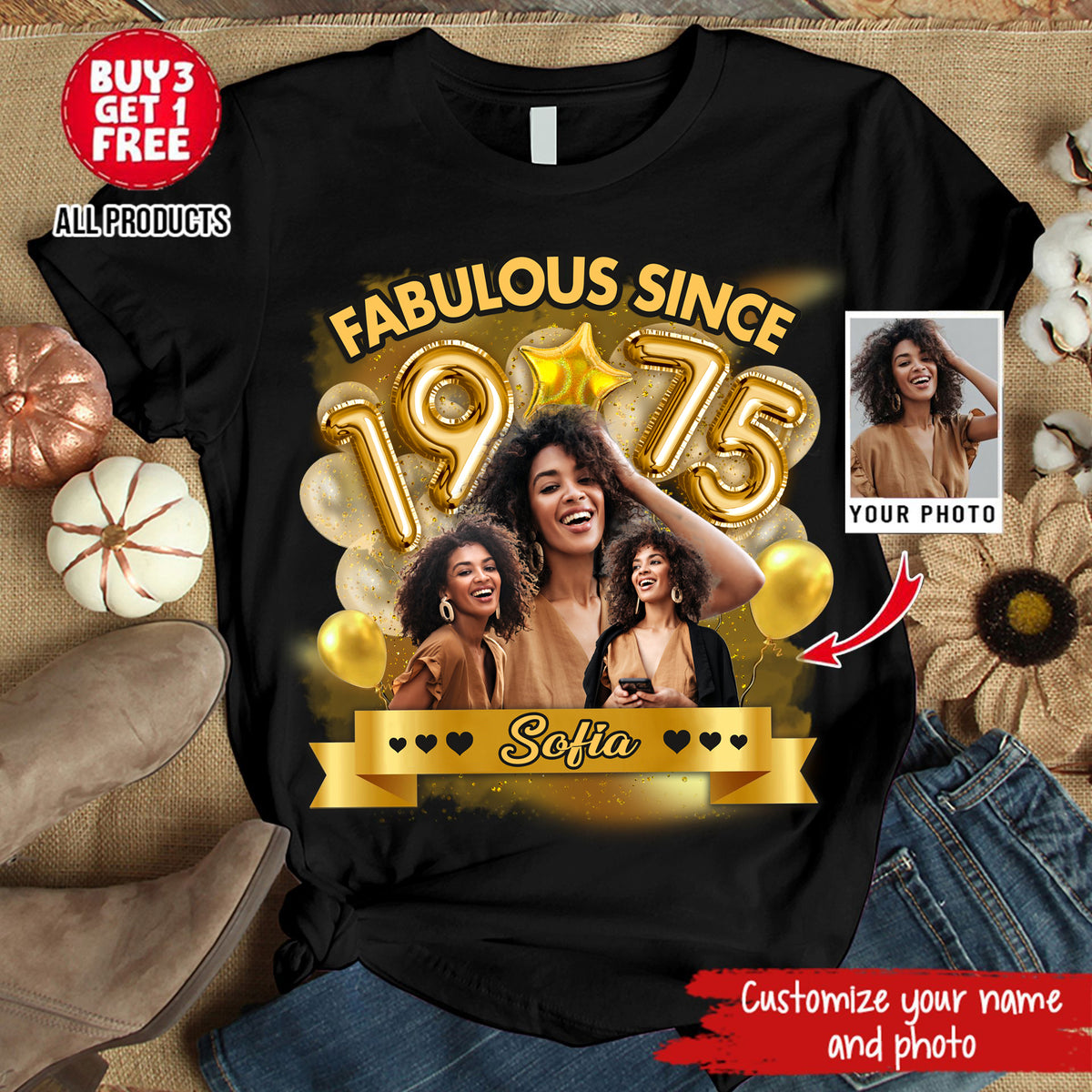 Custom Face Photo 50&#39;s Birthday Shirt, 1975 Shirt, 50th Birthday Unique T Shirt For Woman, Custom Birthday Shirt, Her Gifts For 50 Years Old, Custom Picture Tee, Personalized Birthday Shirt-YPT-HMT