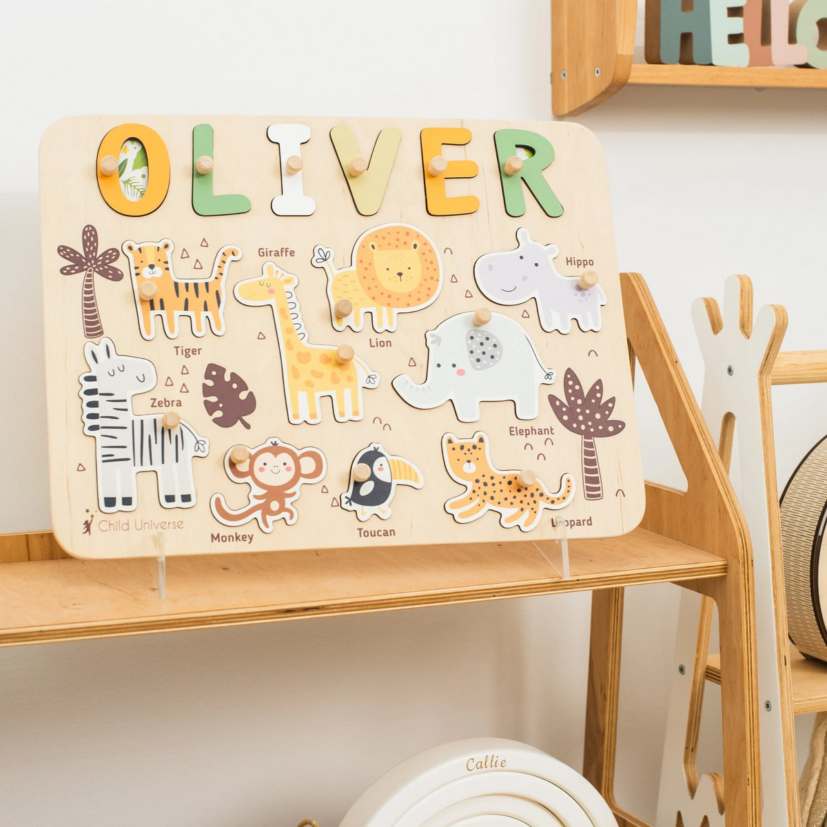 Personalized BusyBoard with Jungle Animals, Custom Sensory Board for kids, Safari Nursery toys for kids, Montessori Board, Wooden Puzzle Board