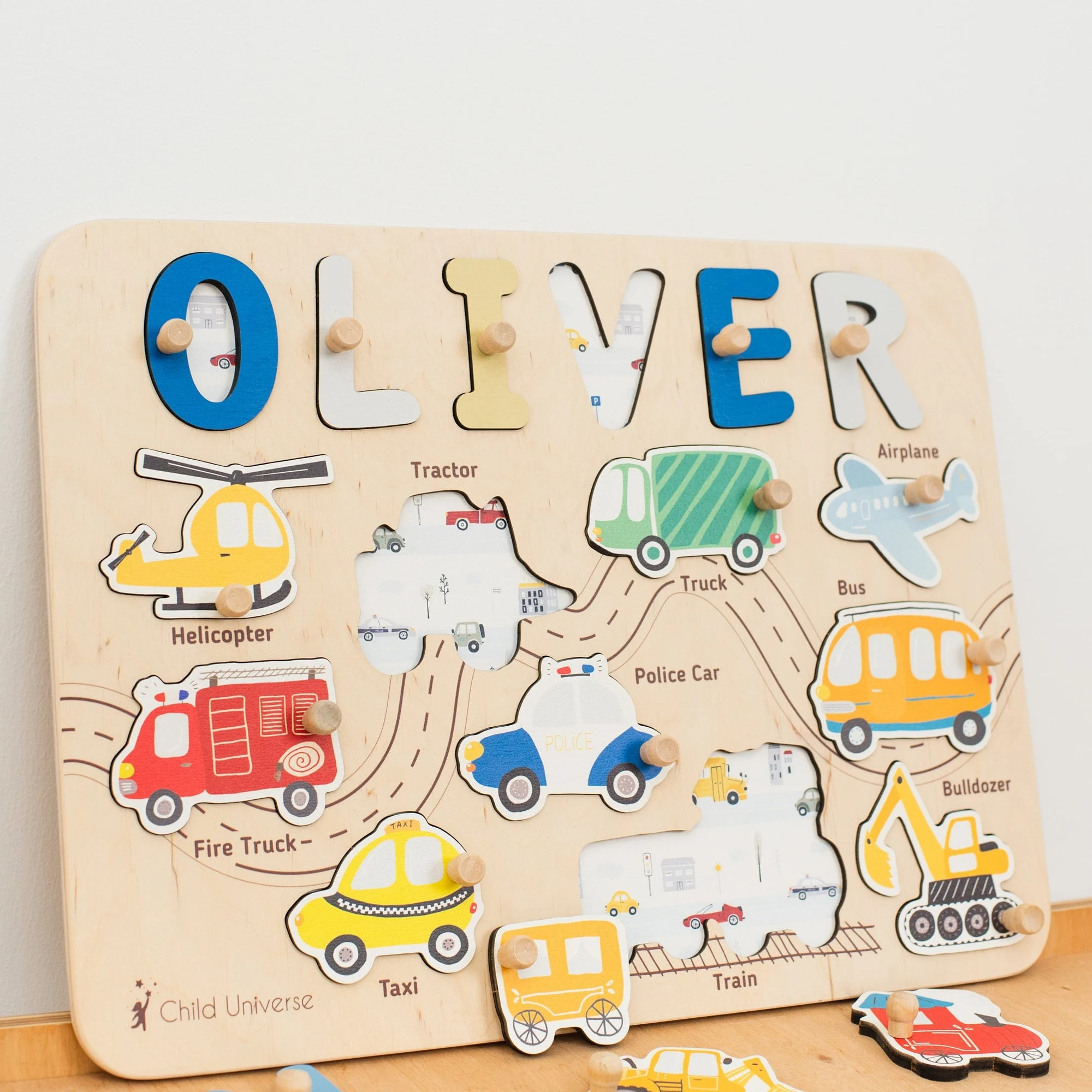 Personalized BusyBoard with Transport, Custom Sensory Board for kids, Cars toys for kids, Montessori Board, Wooden Puzzle Board