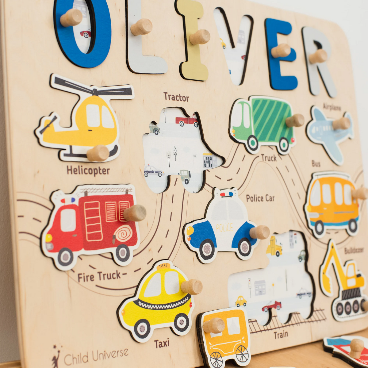 Personalized BusyBoard with Transport, Custom Sensory Board for kids, Cars toys for kids, Montessori Board, Wooden Puzzle Board