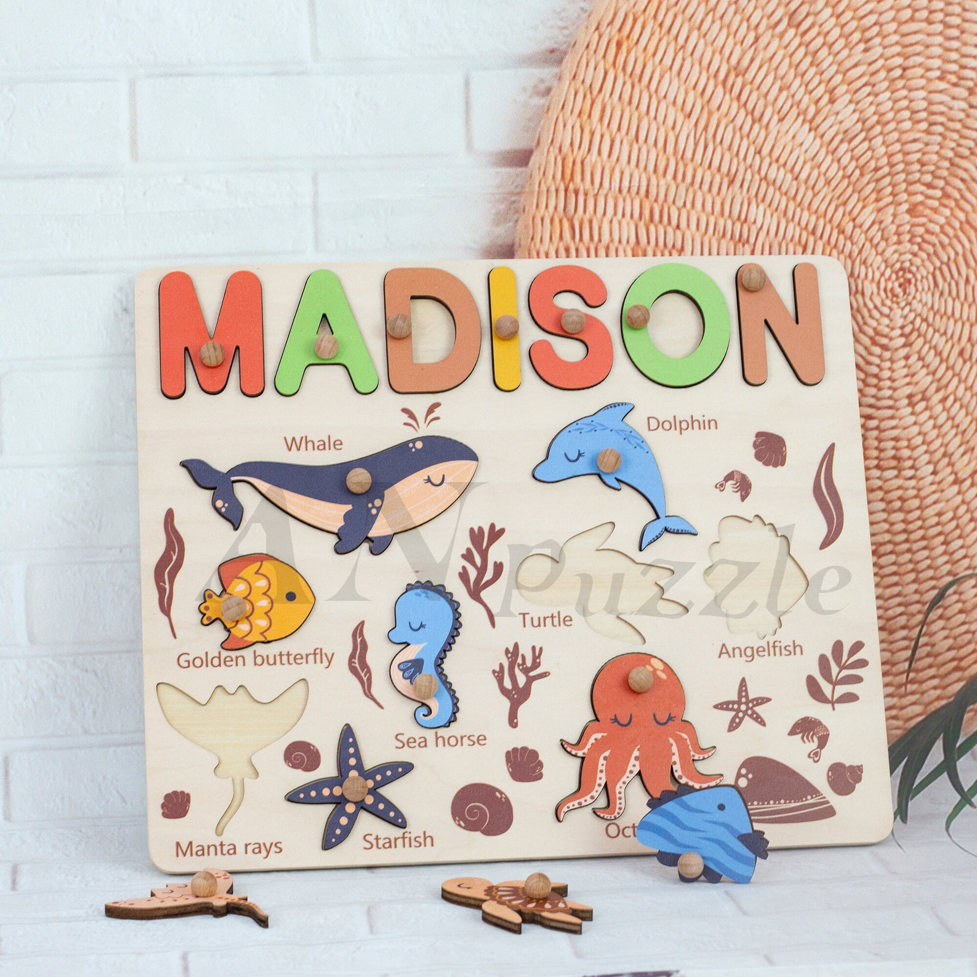 Personalized BusyBoard with Sea Animals, Custom Ocean Sensory Board for kids, Toys for kids, Montessori Board, Wooden Puzzle Board