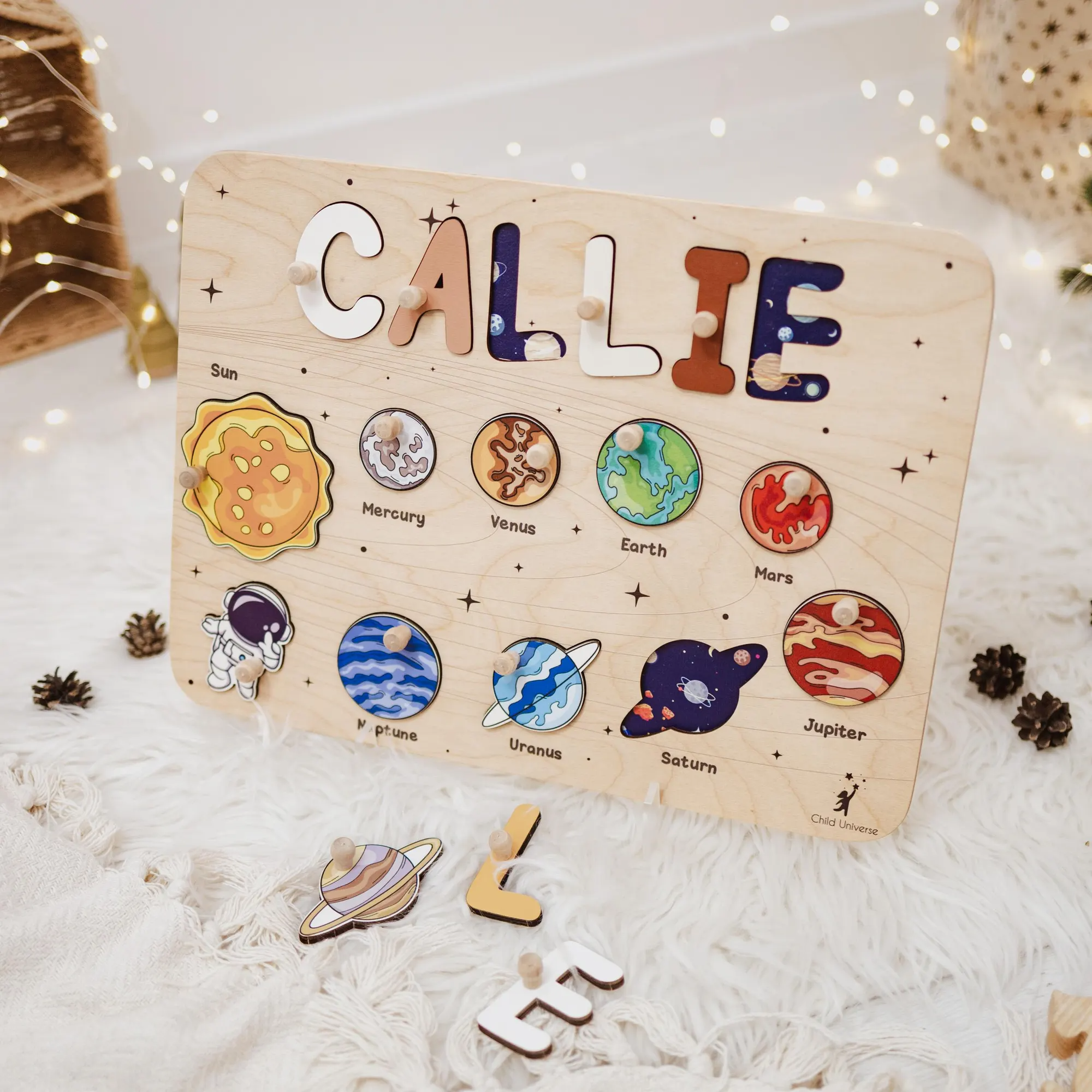 Personalized BusyBoard with Space Planet, Custom Sensory Board for kids, Universe toys for kids, Montessori Board, Wooden Puzzle Board