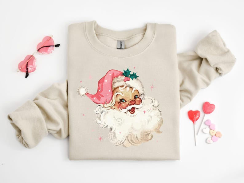 Pink Santa Retro Christmas T-Shirts ,Sweatshirts for Women Pink ,Christmas Matching Family Sweaters Pink Vintage Holiday Crewneck Group Party