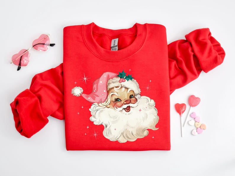 Pink Santa Retro Christmas T-Shirts ,Sweatshirts for Women Pink ,Christmas Matching Family Sweaters Pink Vintage Holiday Crewneck Group Party