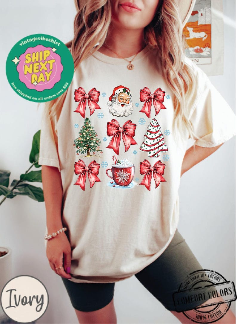 Christmas Coquette Bow Comfort Colors, Woman Xmas Shirt, Christmas Girl Sweatshirt, Cute Winter Crewneck, Retro Holiday, Merry Christmas