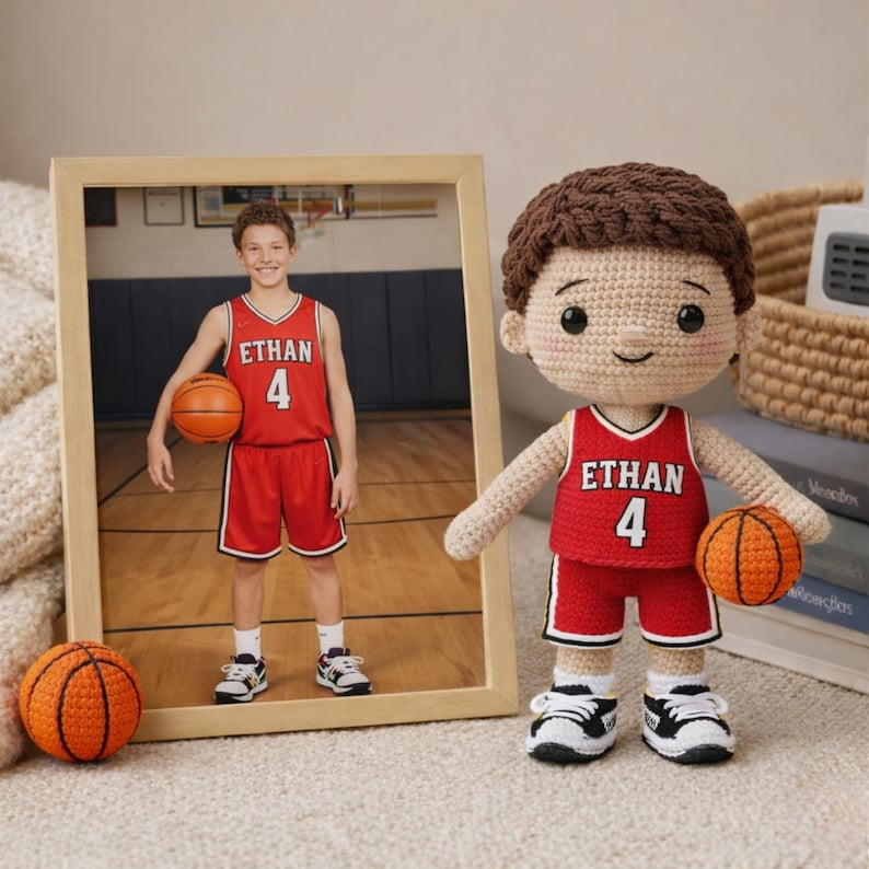 Custom Crochet Basketball Doll From Your Photo, Personalized Amigurumi Sports Doll, Handmade Basketball Gift