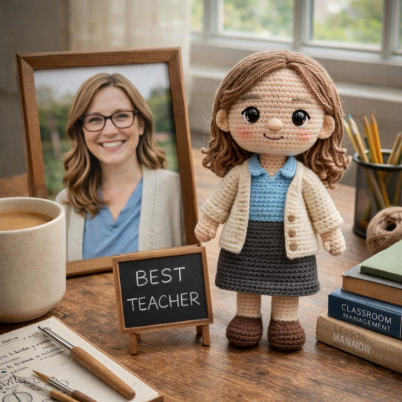 Personalized Black Teacher Gift Crochet Doll – African American Teacher Appreciation Gift, Custom Name Amigurumi Doll, Handmade Teacher Gift