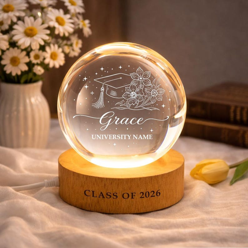 Personalized Birth Flower Crystal Ball Night Light, Custom Graduation LED Lamp, Engraved Glass Class of 2026 Keepsake For Graduation Day