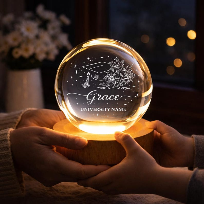 Personalized Birth Flower Crystal Ball Night Light, Custom Graduation LED Lamp, Engraved Glass Class of 2026 Keepsake For Graduation Day