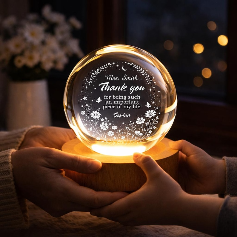 Personalized Teacher Crystal Night Light, Custom Name Lamp, Thank You Teacher Gift, Teacher Appreciation Gift From Student, Classroom Decor