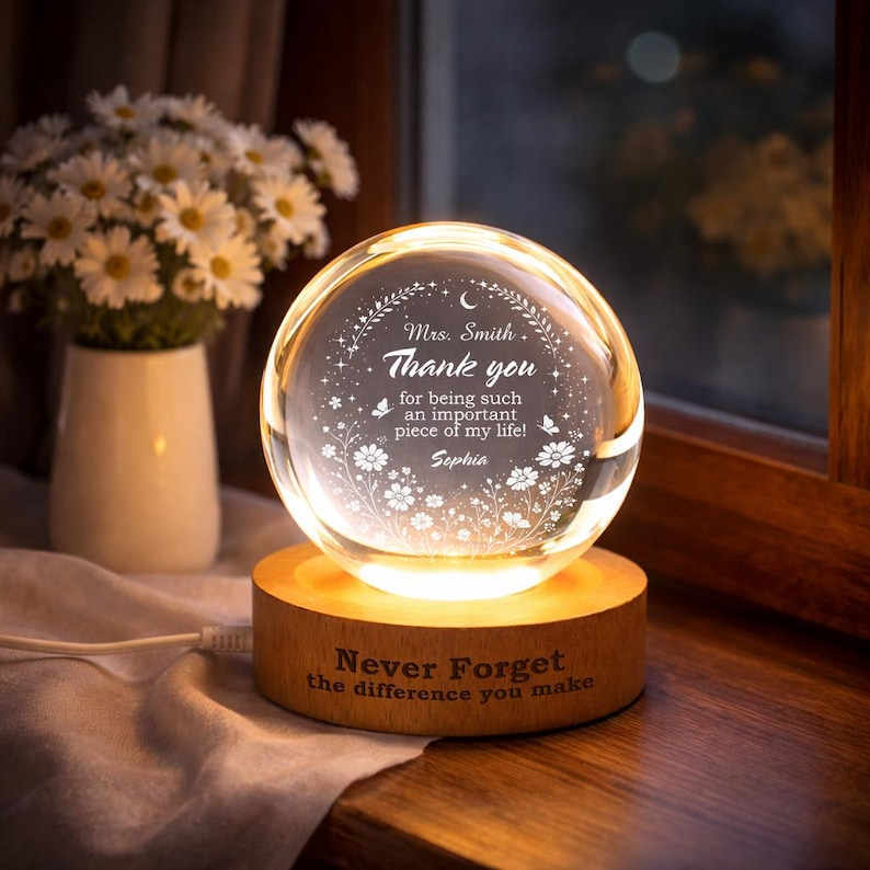 Personalized Teacher Crystal Night Light, Custom Name Lamp, Thank You Teacher Gift, Teacher Appreciation Gift From Student, Classroom Decor