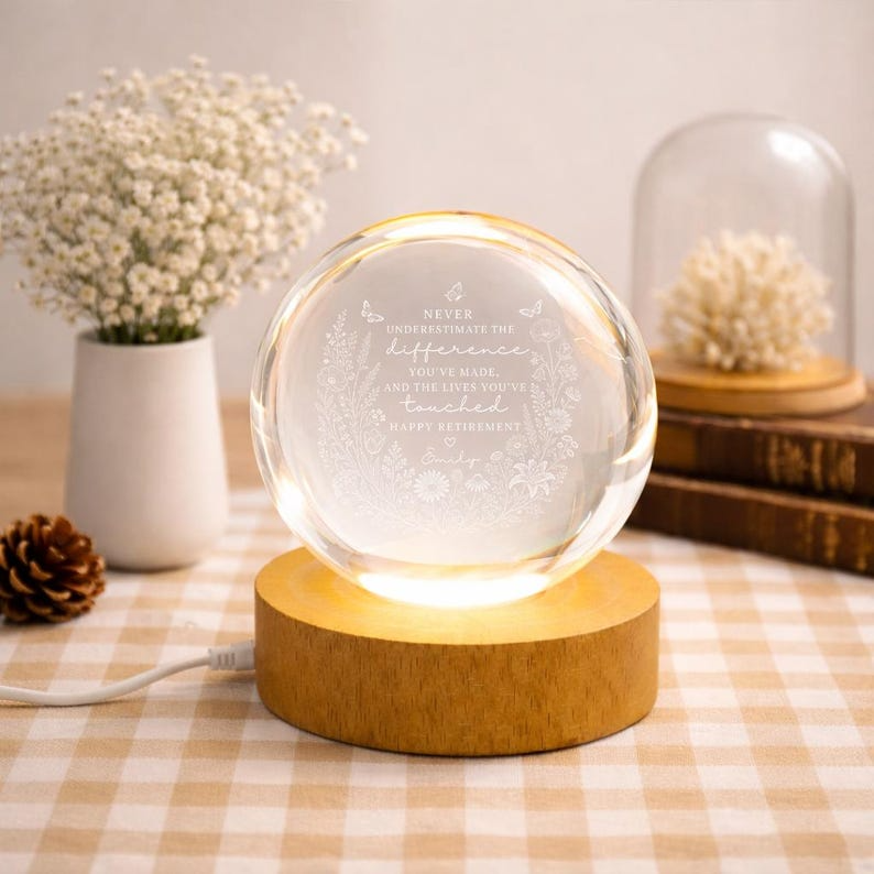 Personalized Retirement Crystal Ball Night Light, Custom Engraved Appreciation Gift for Teacher Nurse Coworker, Keepsake Decor
