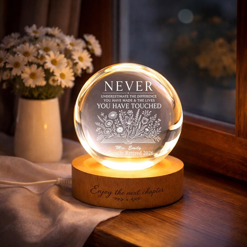 Personalized Crystal Ball Night Light Retirement Gift, Custom Engraved Teacher Appreciation Lamp, Educator Keepsake LED Decor 2026