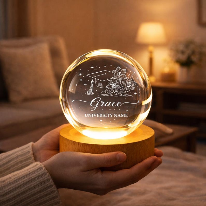 Personalized Birth Flower Crystal Ball Night Light, Custom Graduation LED Lamp, Engraved Glass Class of 2026 Keepsake For Graduation Day
