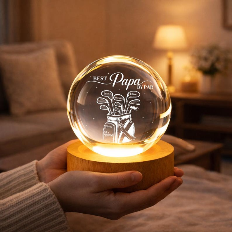 Personalized Golf Papa Crystal Ball Night Light, Custom Golf Bag With Kids Names LED Lamp, Grandpa Golfer Gift For Father's Day