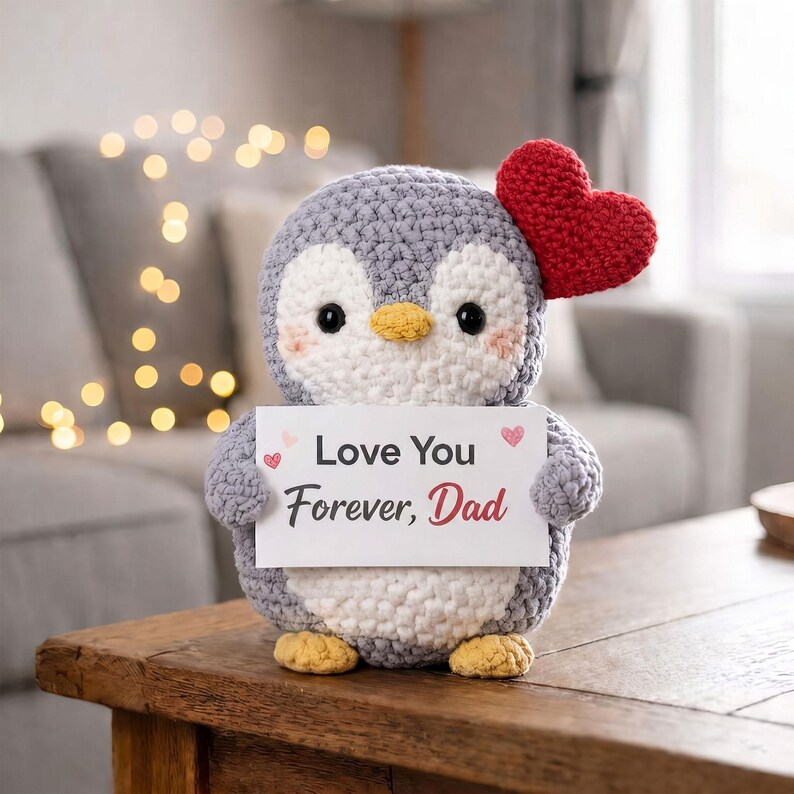 Cute Penguin Crochet Plush with Heart, Gift for Dad from Daughter Son, Best Dad Gift Crochet Penguin, Cute Crochet Dad Gift