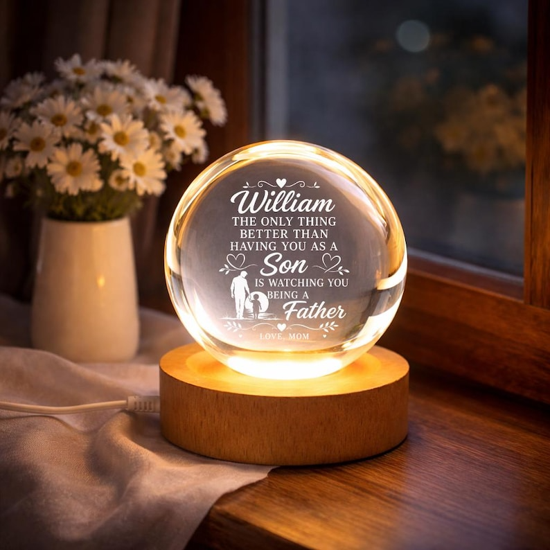 First Father's Day Crystal Ball Night Light, Personalized New Dad Gift From Mom, Custom Name Engraved Lamp for First Time Dad Keepsake Decor