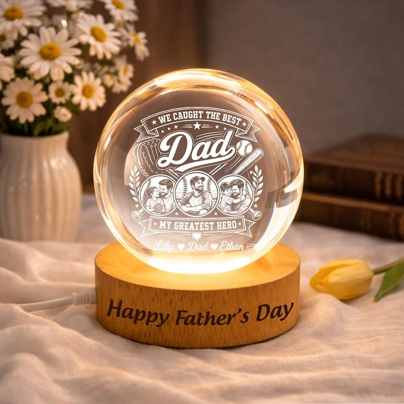 Personalized Dad Gift, Custom Crystal Ball Night Light from Kids, Father's Day Gift for Dad, Baseball Dad Keepsake Lamp Decor for Desk Gift