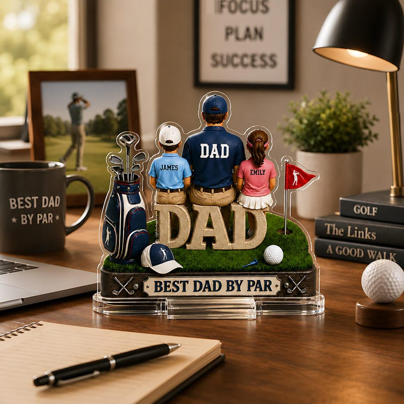 Personalized Golf Dad Gift, Custom Dad Acrylic Plaque with Kids Names, Father's Day Gift for Dad, Best Dad By Par Golf Decor for Home Office
