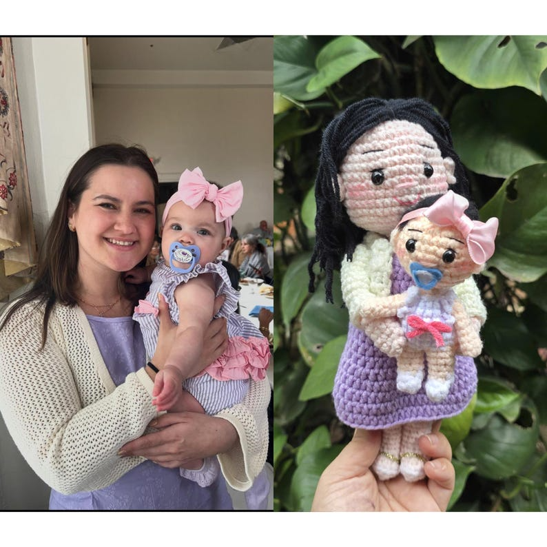 Custom Crochet Mom and Baby Doll from Photo, Personalized New Mom Gift, Handmade Amigurumi Family Portrait, First Birthday Keepsake Gift
