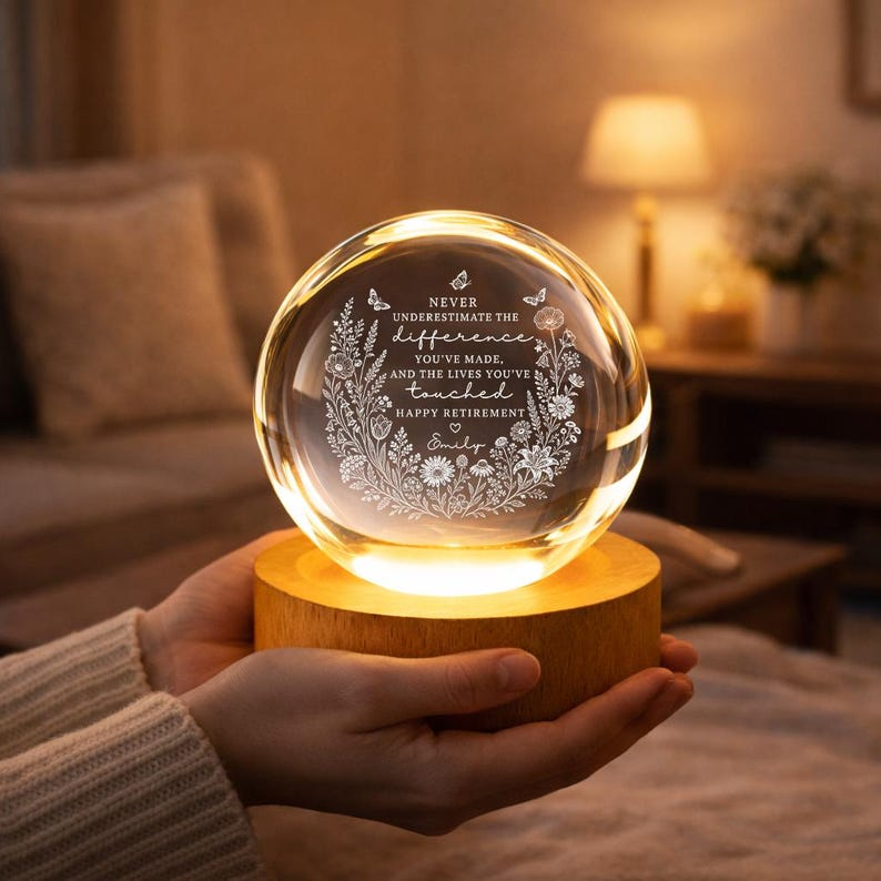 Personalized Retirement Crystal Ball Night Light, Custom Engraved Appreciation Gift for Teacher Nurse Coworker, Keepsake Decor