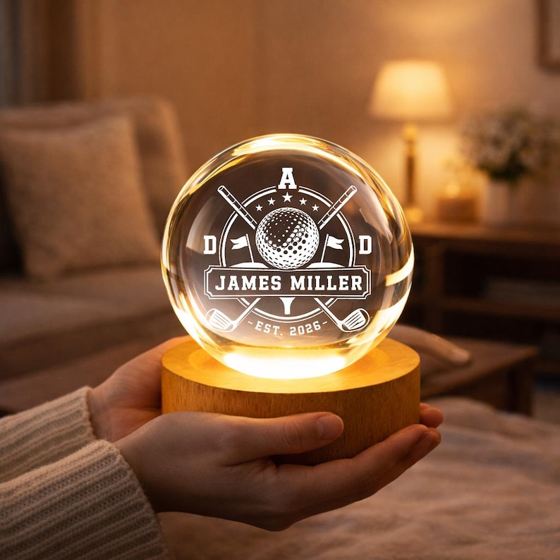 Personalized Golf Crest Crystal Ball Night Light, Custom Golfer Name LED Lamp, Golf Dad Gift, Sports Keepsake Decor